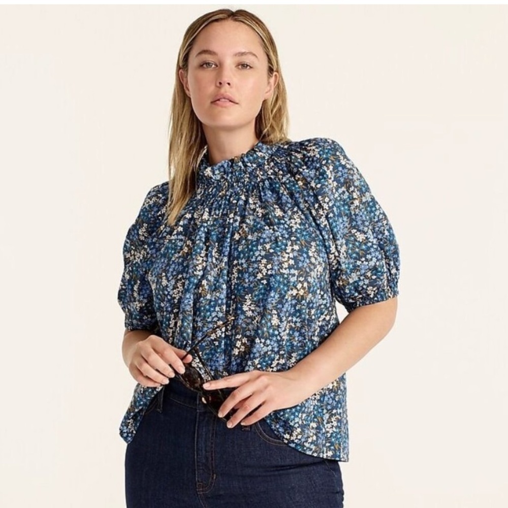 J. Crew Liberty Fabrics Smocked Neck Puff Sleeve Top in Sea Blossoms Size Small